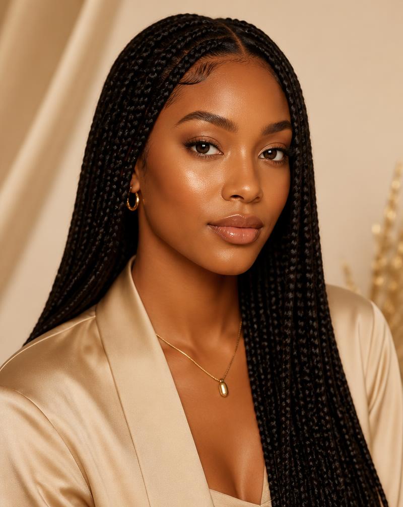 Black woman with long neat black knotless box braids