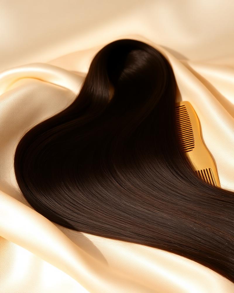 Glossy styled hair in a warm editorial beauty portrait