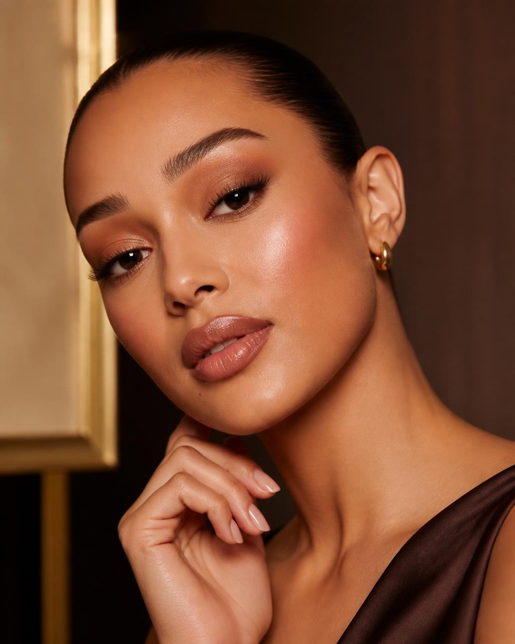 Polished soft-glam makeup look in warm golden light